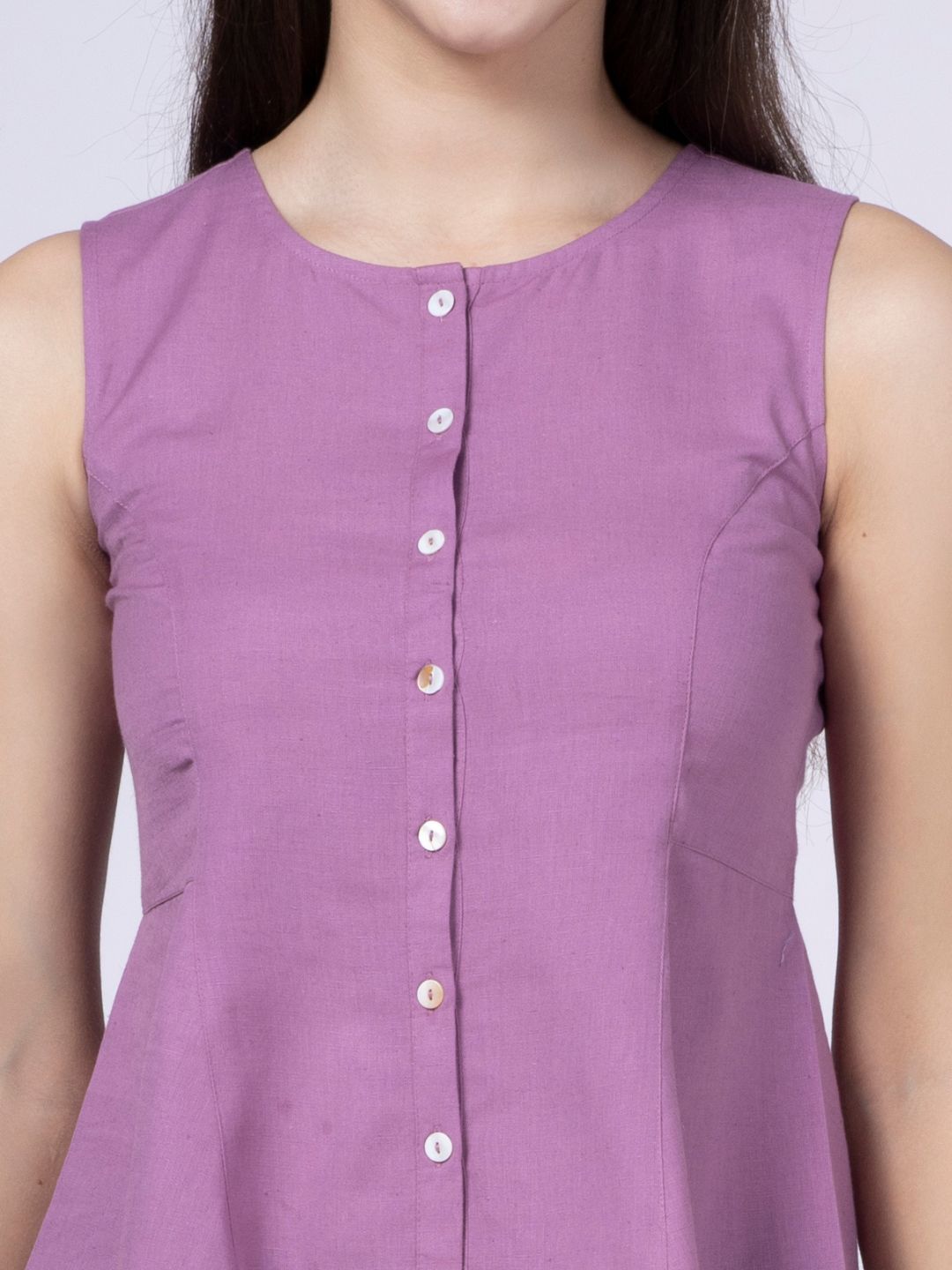 Mauve Cotton Flax Panelled A-Line Top with Button-Down Placket