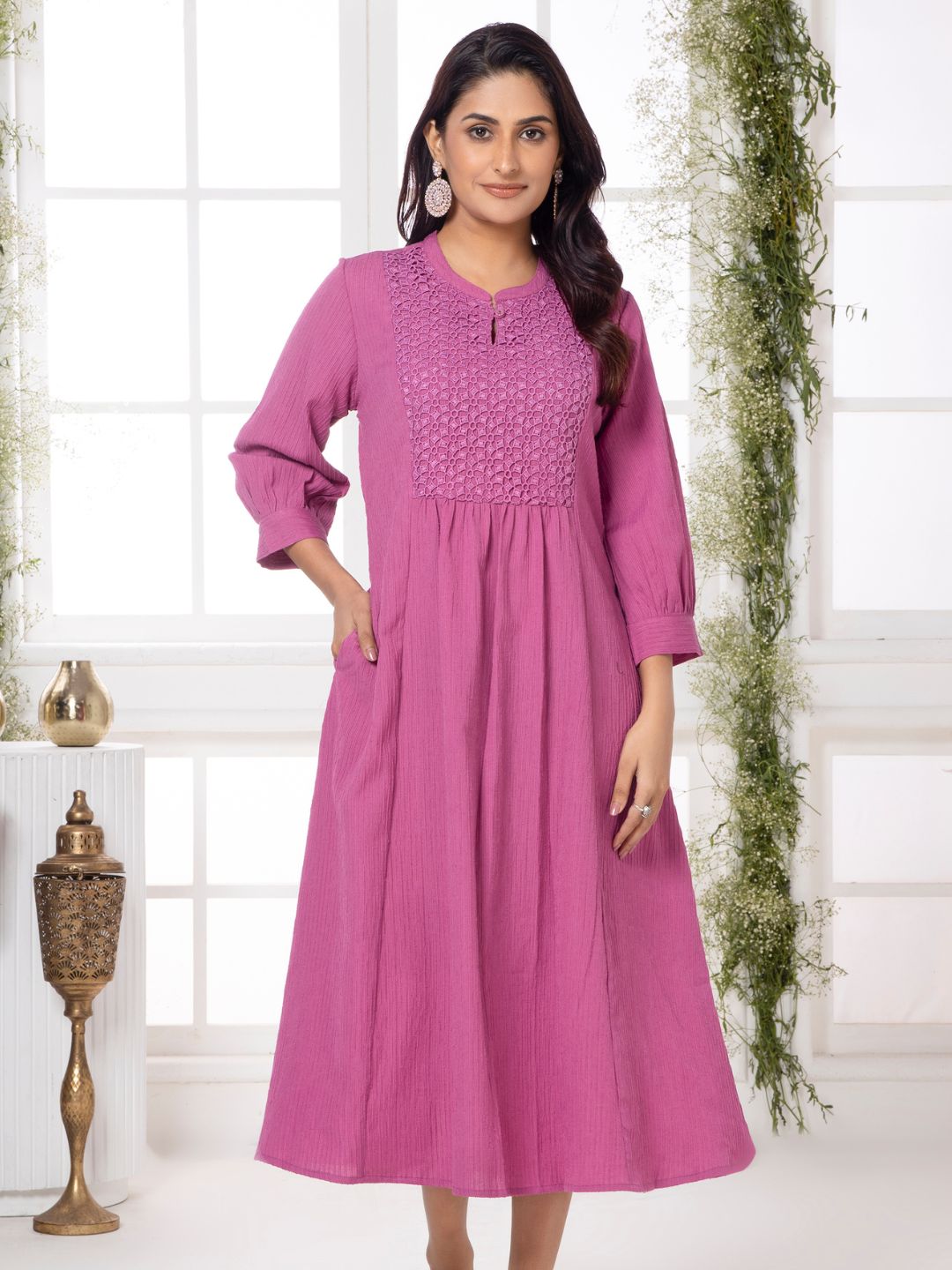 Passion Pink Cutwork Embroidered Crinkled Dress
