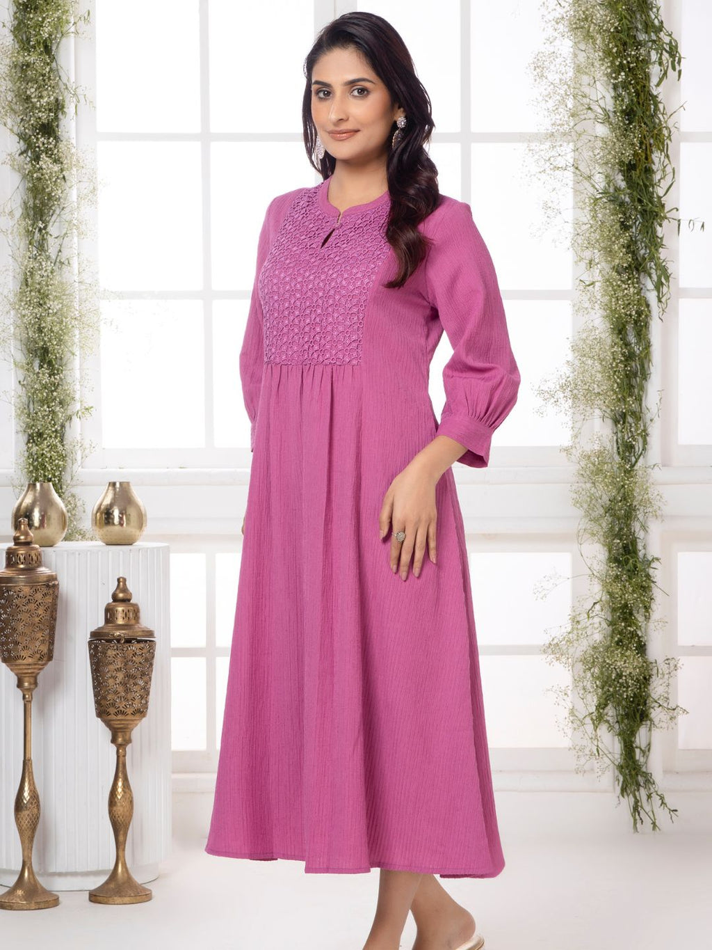 Passion Pink Cutwork Embroidered Crinkled Dress