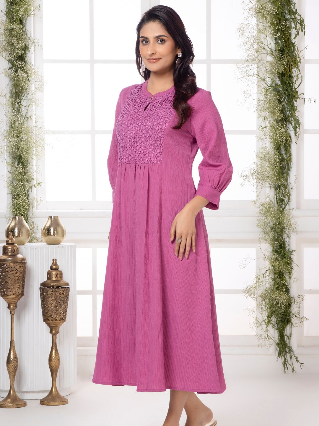 Passion Pink Cutwork Embroidered Crinkled Dress
