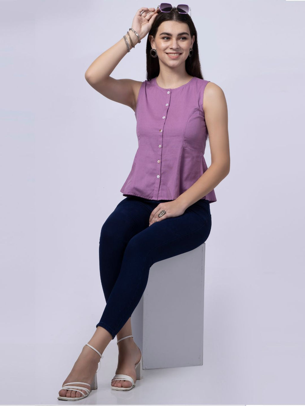 Mauve Cotton Flax Panelled A-Line Top with Button-Down Placket
