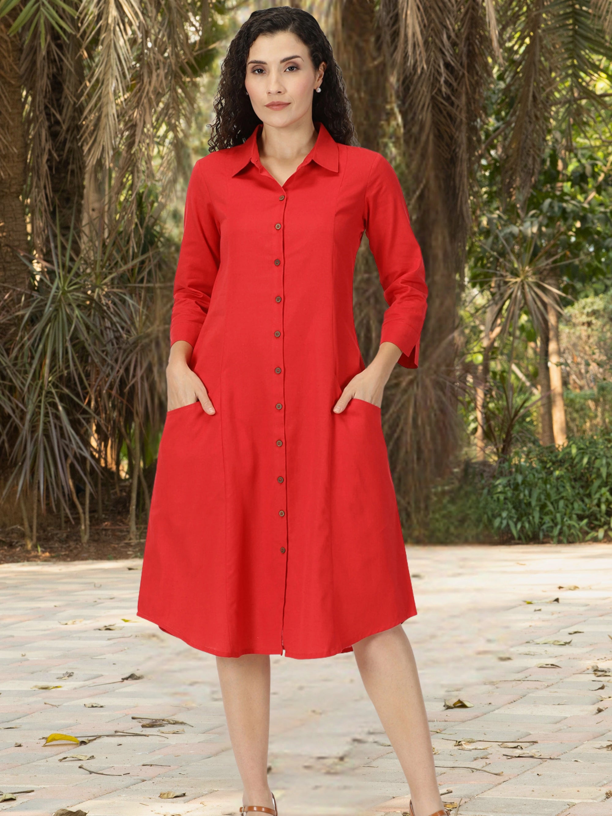 Red Solid Midi Shirt Dress