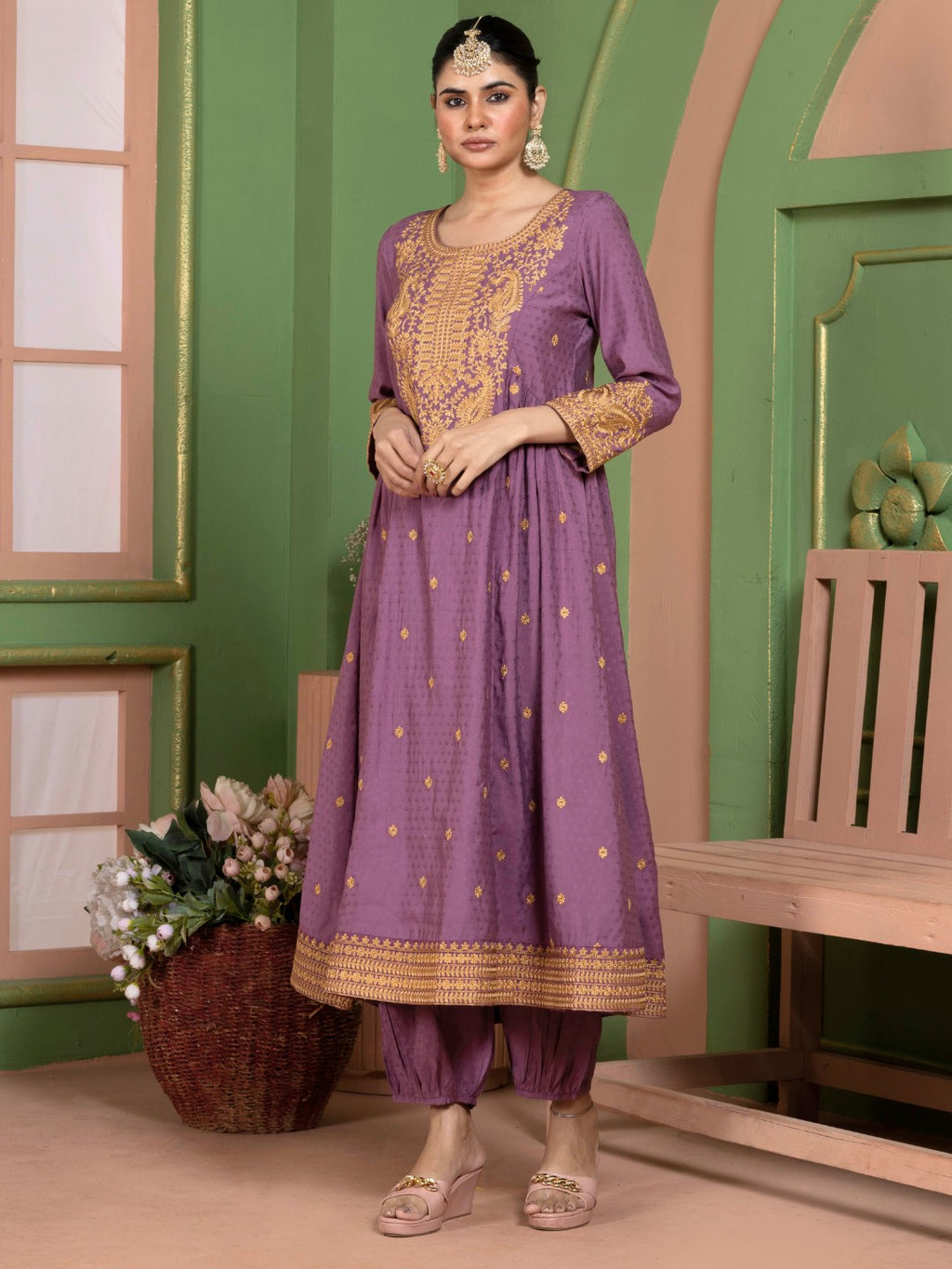 Dusty Plum Kashida Embroidered Fit and Flare Kurta with Salwar and Dupatta