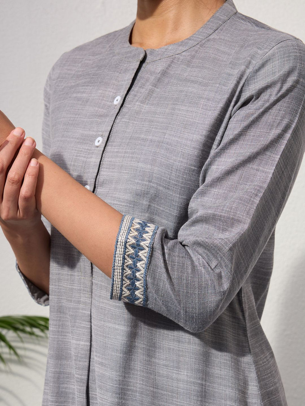 Grey Chambray Kurta Set with Pleated Pants for Women | Saffron Threads