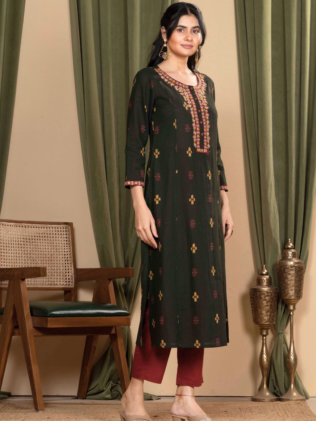 Forest Green Ikat Print Cotton Kurta with Embroidery