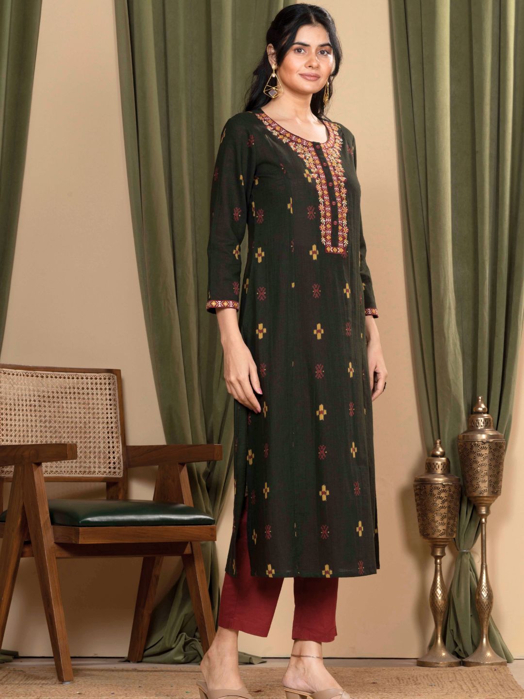 Forest Green Ikat Print Cotton Kurta with Embroidery