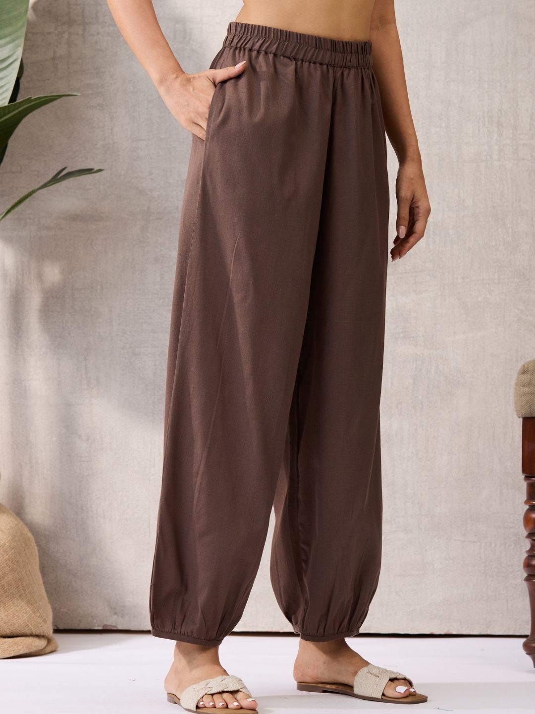 Brown Cotton Linen Piping Hem Palazzo with Pocket