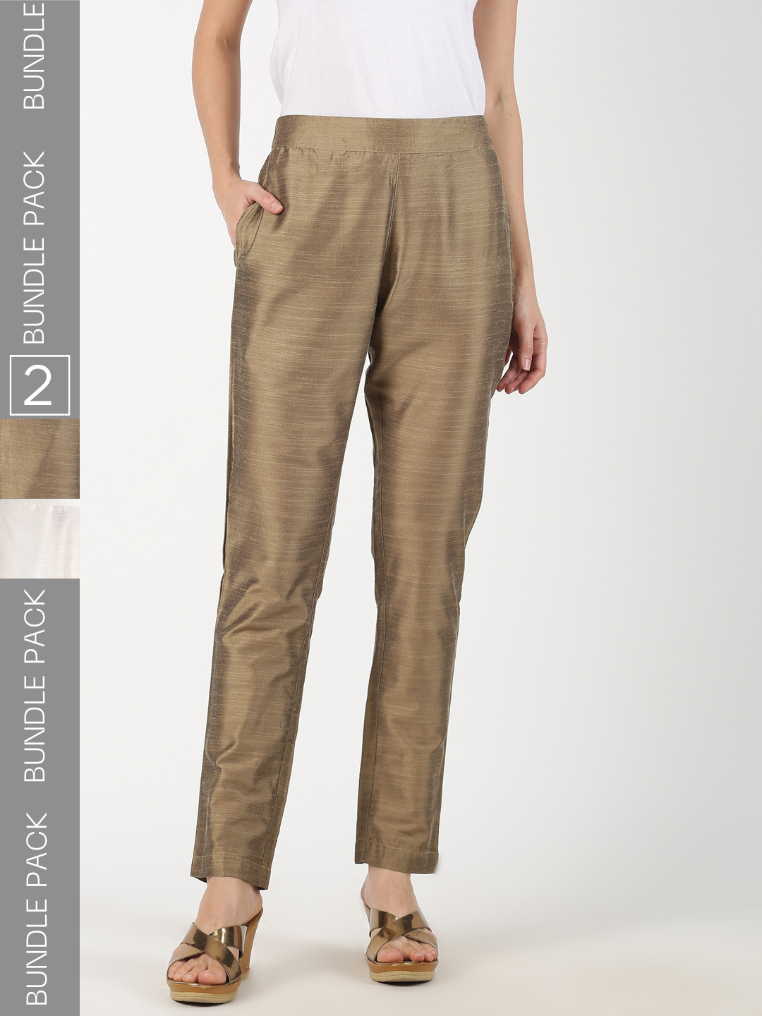 Pack of 2 Gold & White Art Silk Trousers
