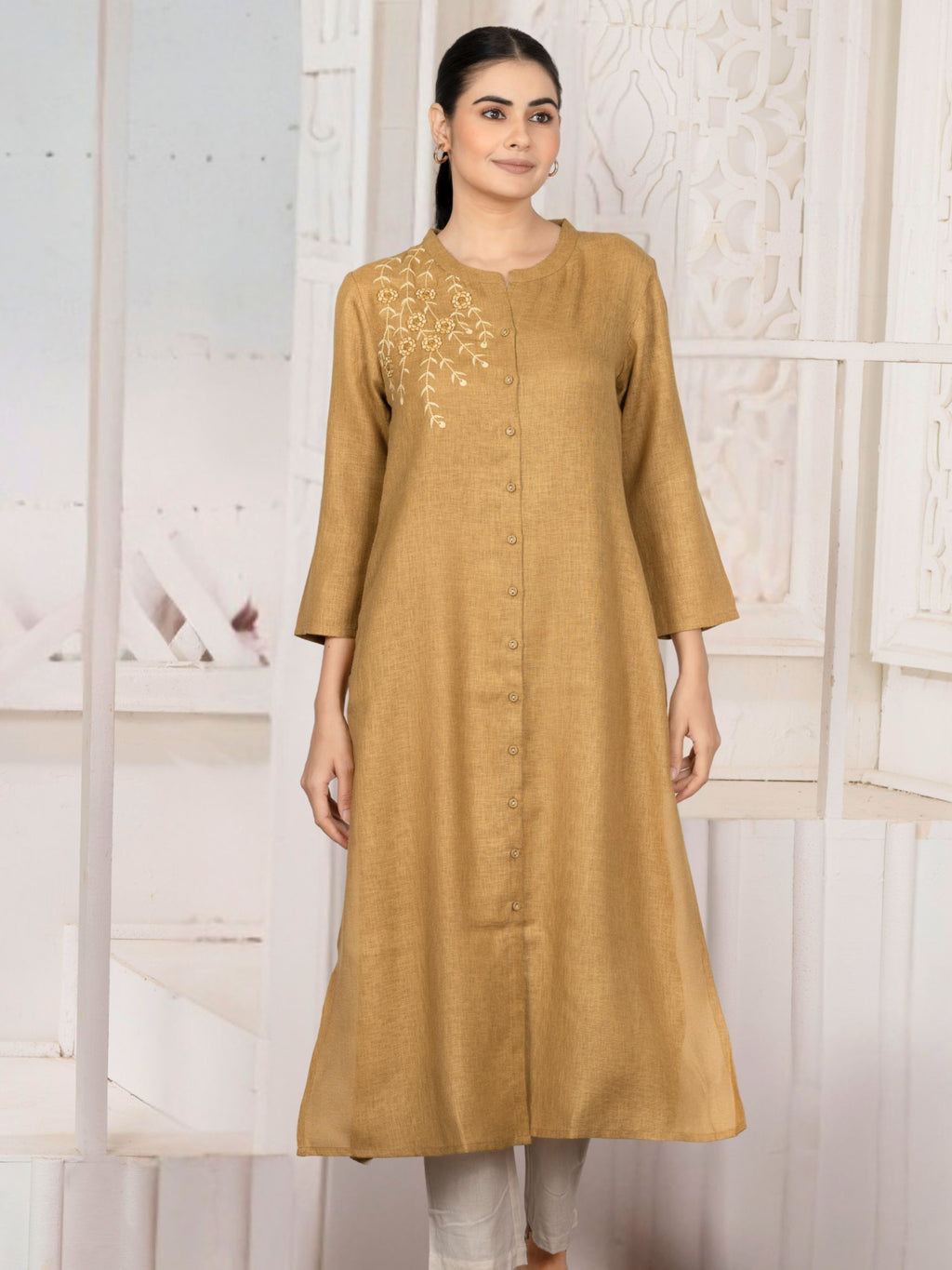 Honey Mustard Vine-Trail Button-Down Kurta