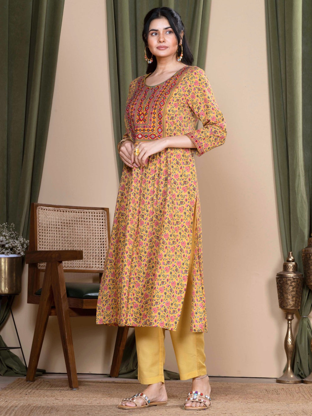 Marigold Ochre Sanganeri Print Kurta with Embroidered Yoke
