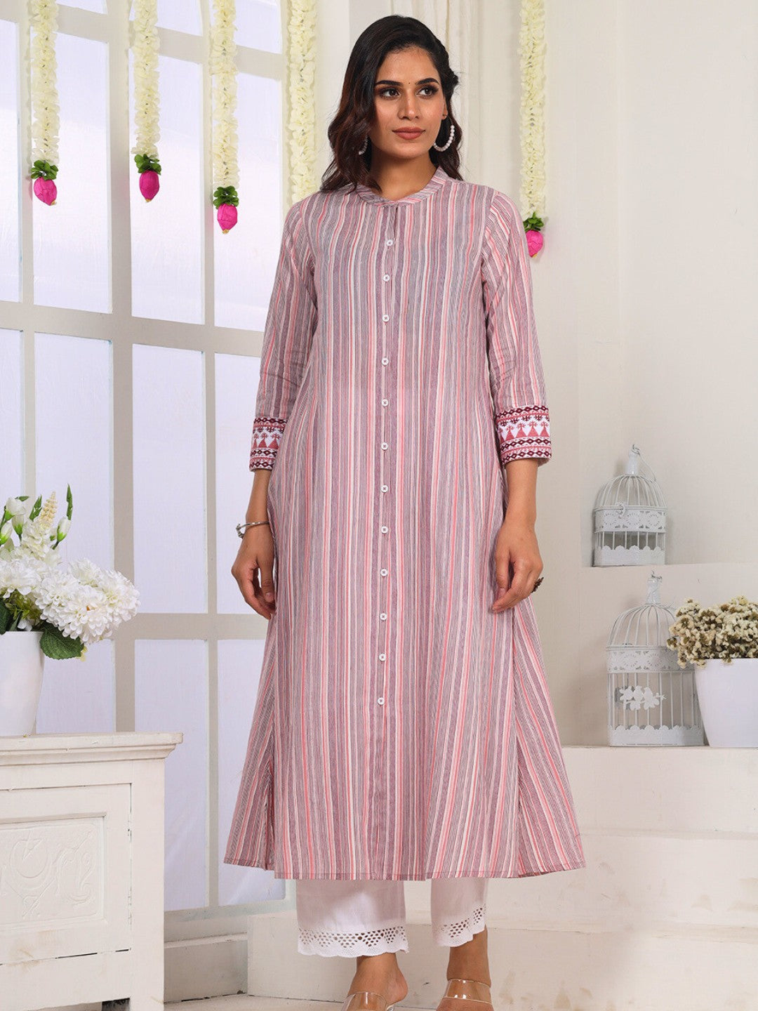 Blush Pink Striped Cotton Kurta for Women