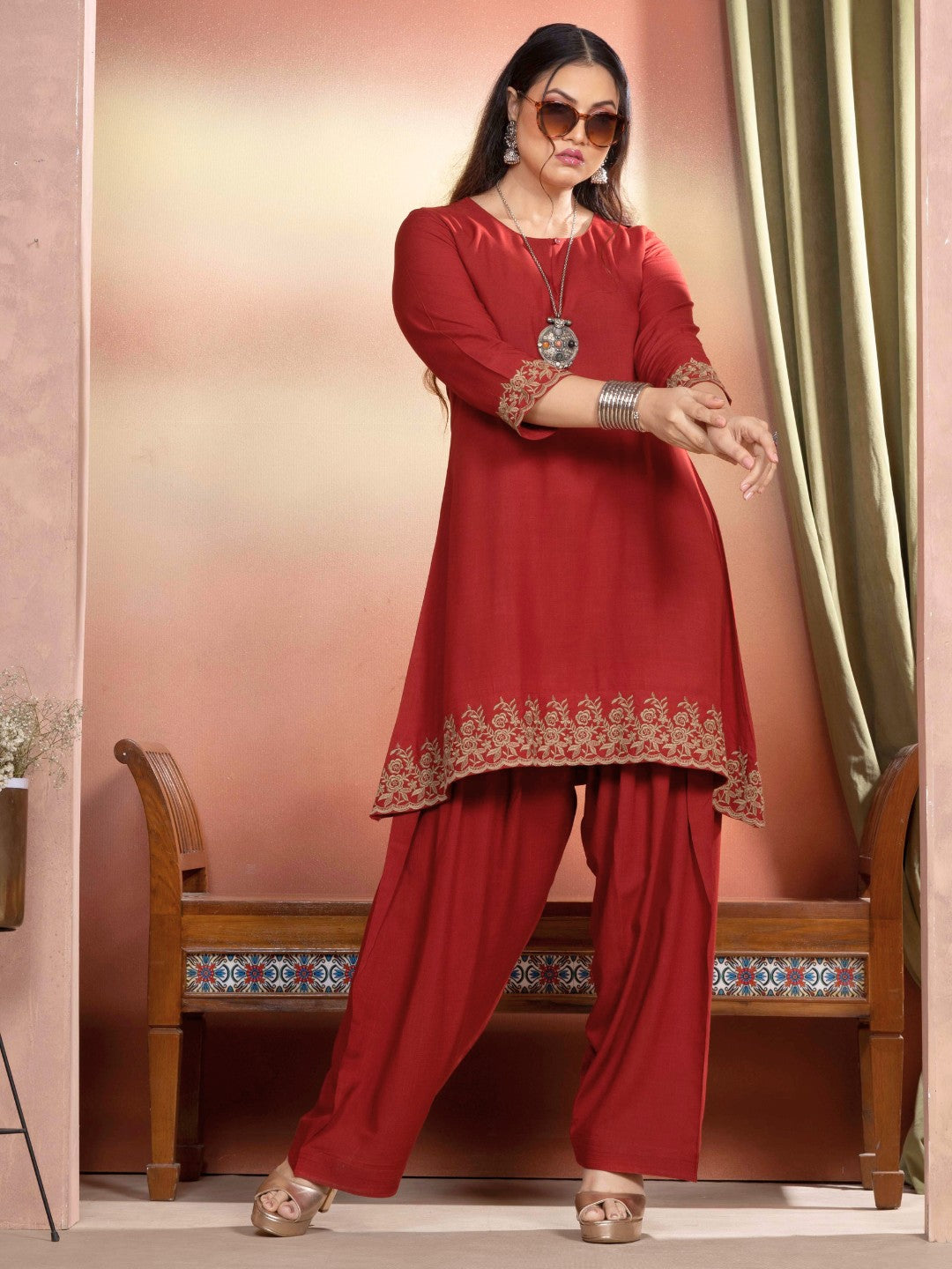 Terracotta Rust Embroidered A-Line Kurta with Farshi Salwar