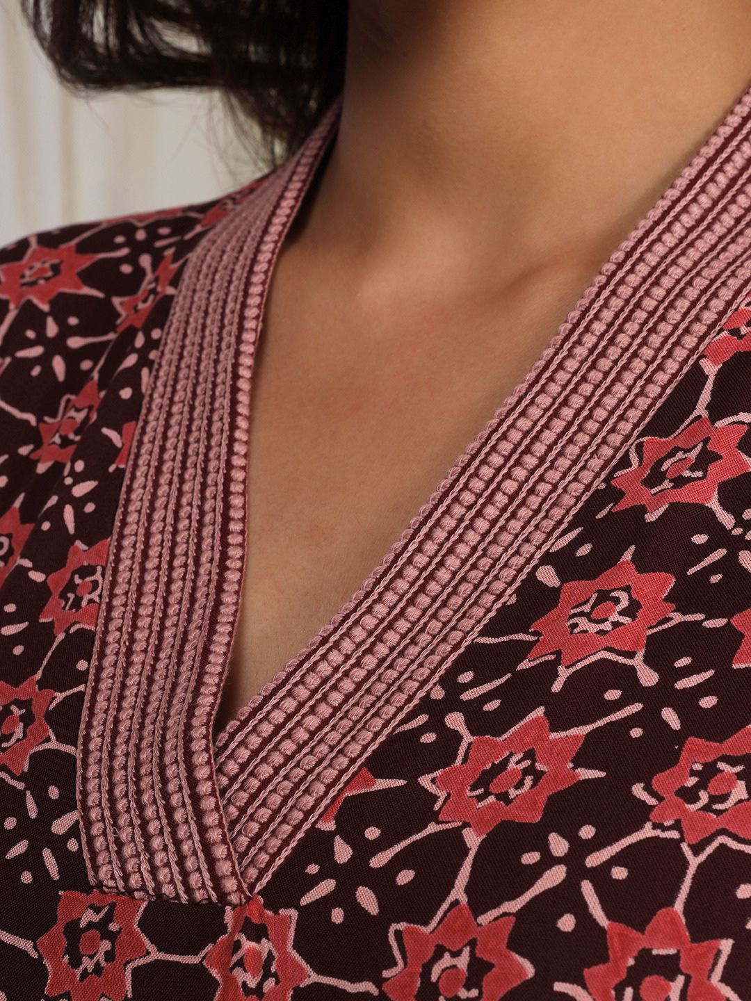 Wine Printed A-Line Dress with Embroidery and Pockets