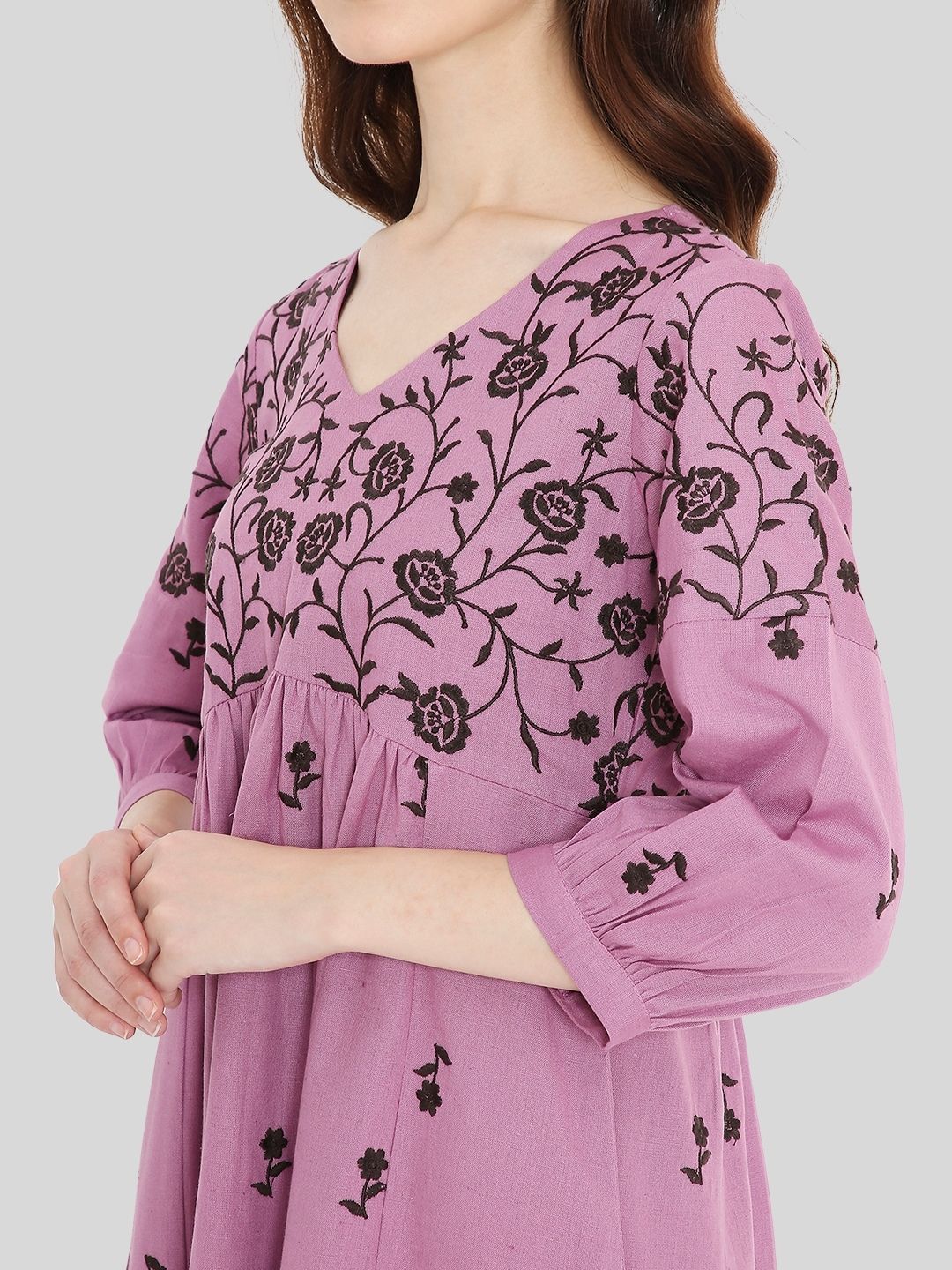 Mauve Boho Embroidered Cotton Midi Dress