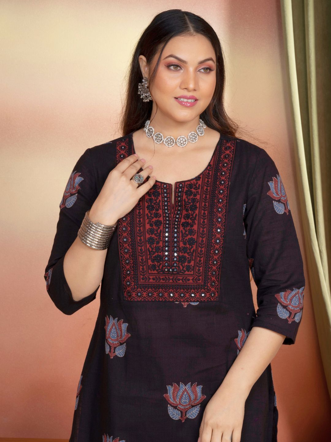Midnight Black Cotton Motif Print Straight Kurta with Embroidered Neckline