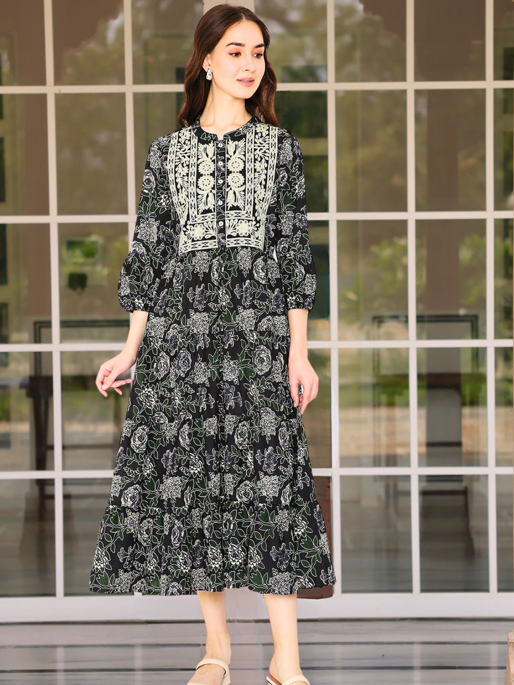 Black Cotton Tiered Midi Dress