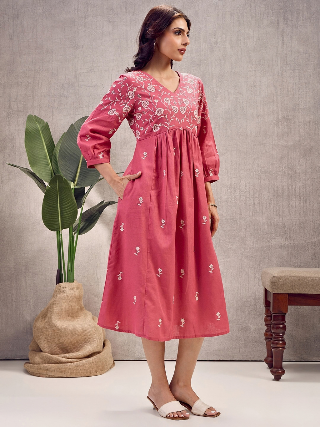 Coral Boho Embroidered Dress