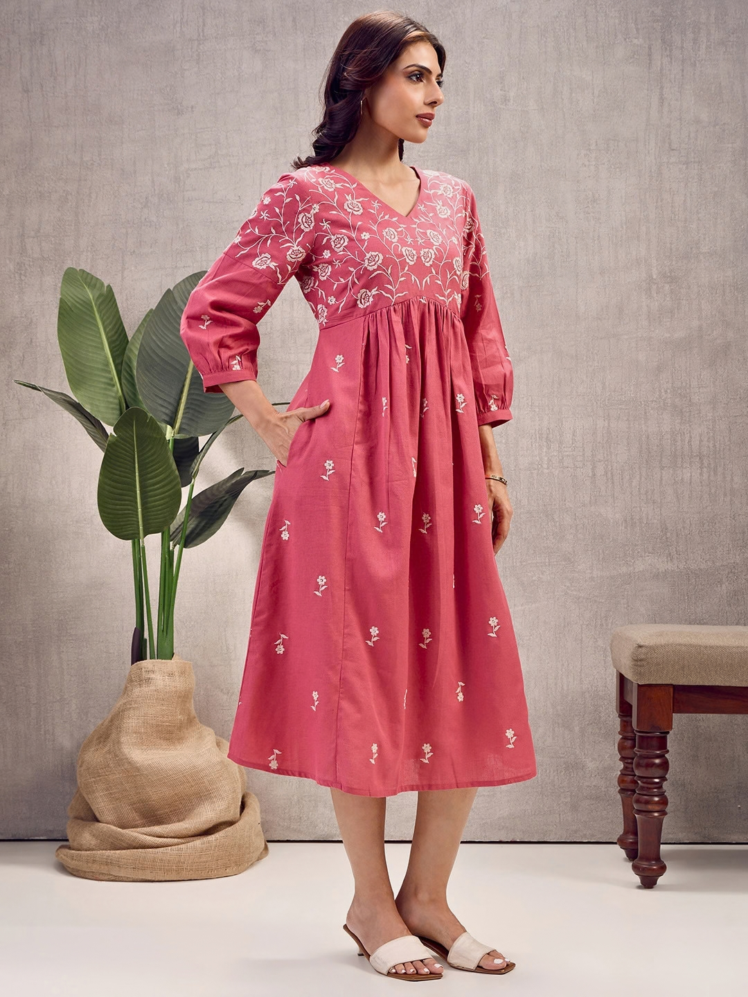 Coral Boho Embroidered Dress