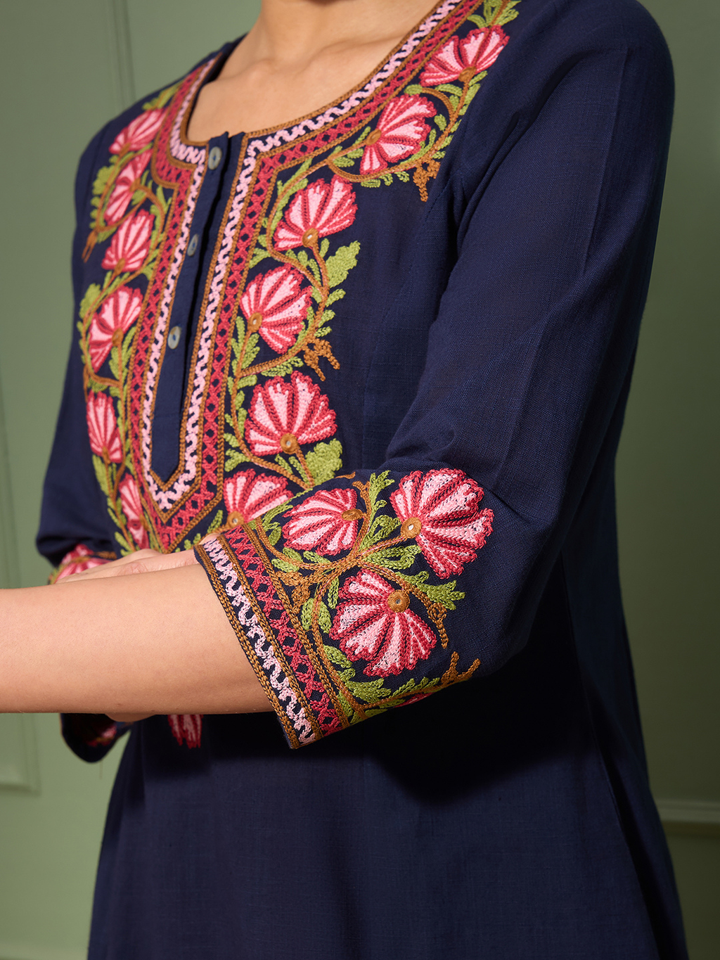 Deep Prussian Blue Kashida Embroidered A-Line Cotton Kurta Set with Afghani Salwar