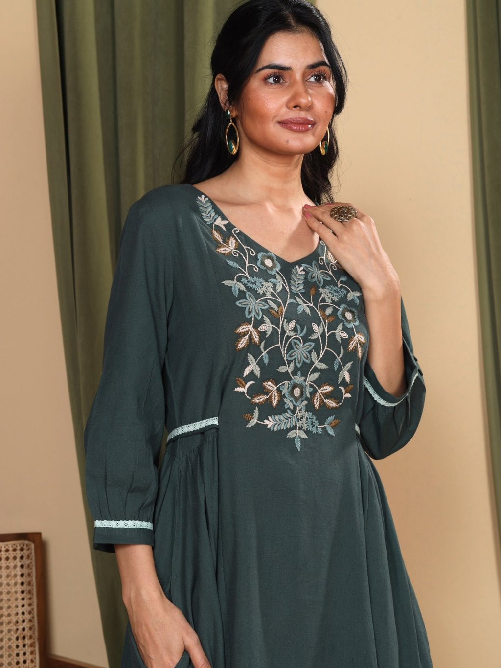 Hunter Green Embroidered Cotton-Linen Dress