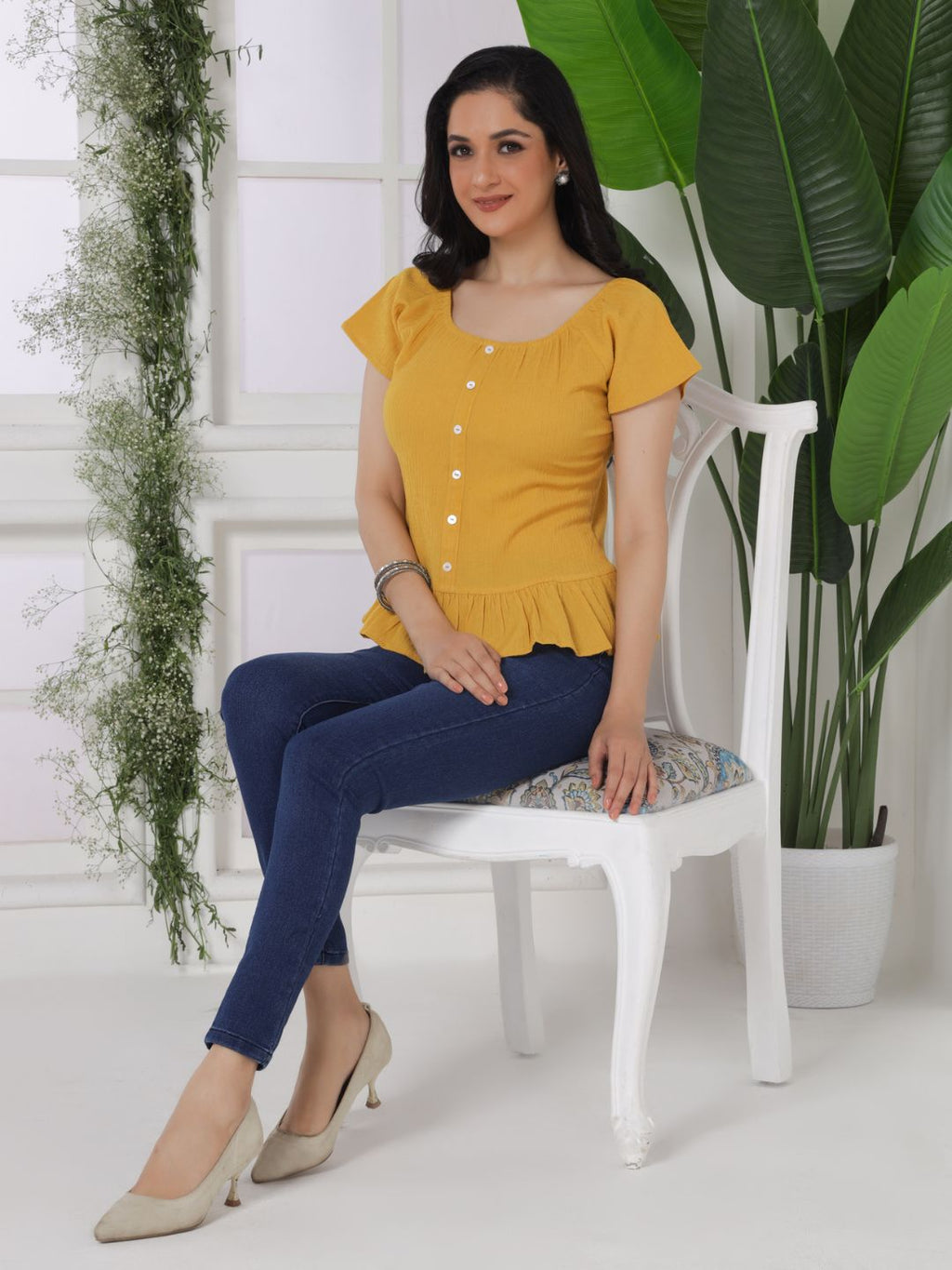 Bee Yellow Crinkled Peplum Top