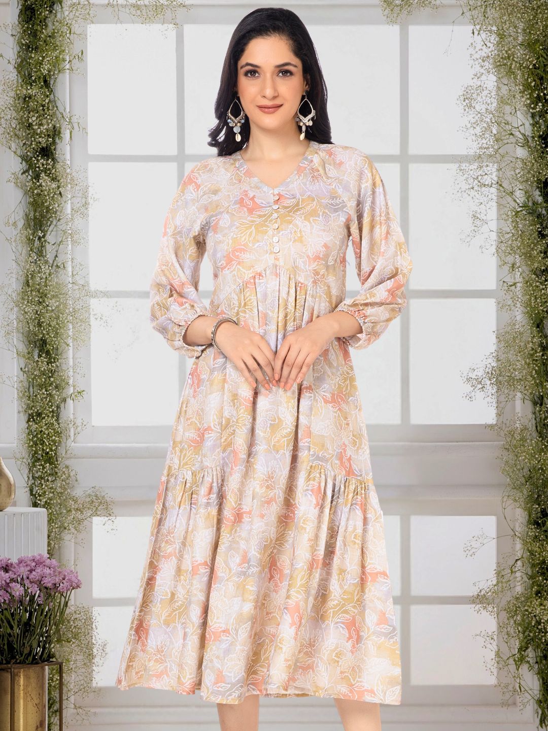 Moccasin Yellow Modernist Floral Midi Dress