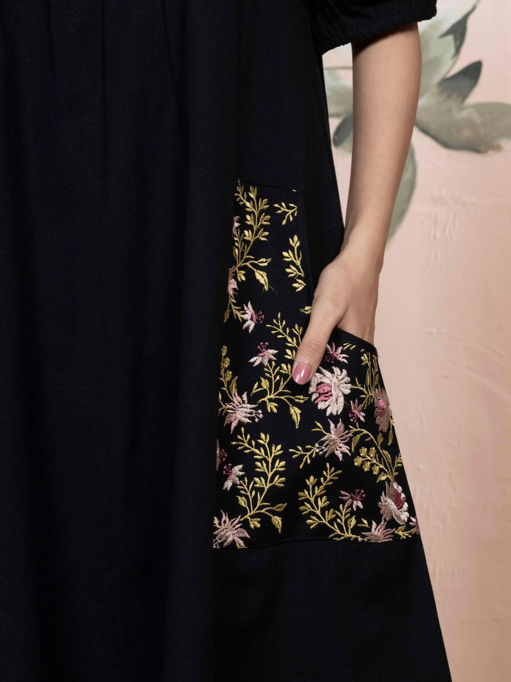 Midnight Black Cotton Linen Dress A-Line with Parsi Gara Inspired Embroidery