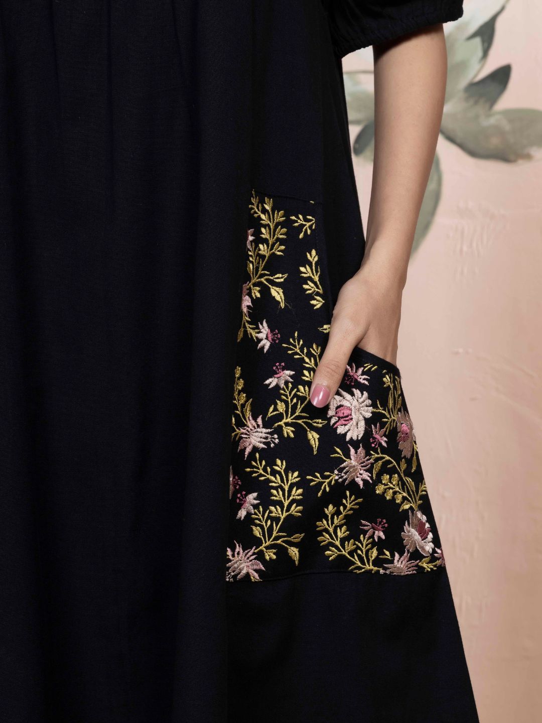 Midnight Black Cotton Linen Dress A-Line with Parsi Gara Inspired Embroidery