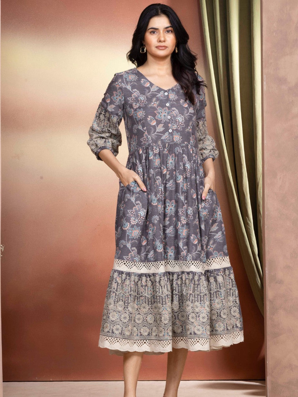 Fossil Grey Vintage Meadow Boho Tiered Dress