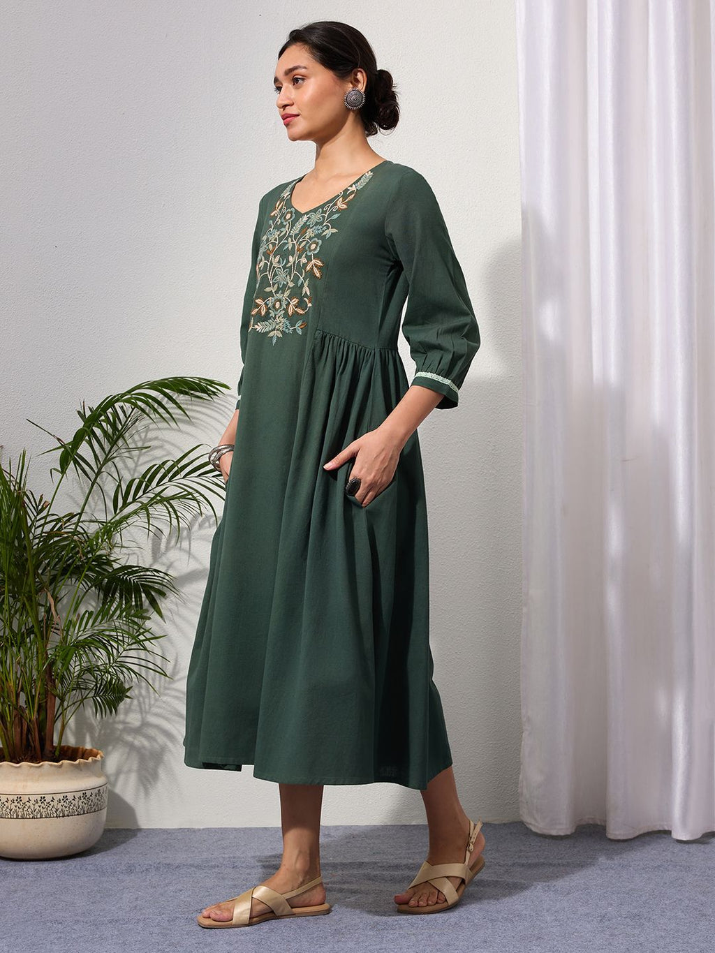 Hunter Green Embroidered Cotton-Linen Dress