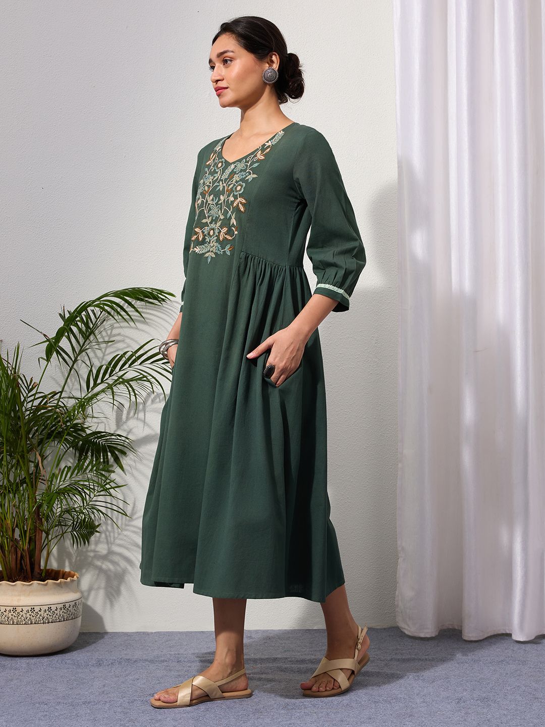 Hunter Green Embroidered Cotton-Linen Dress