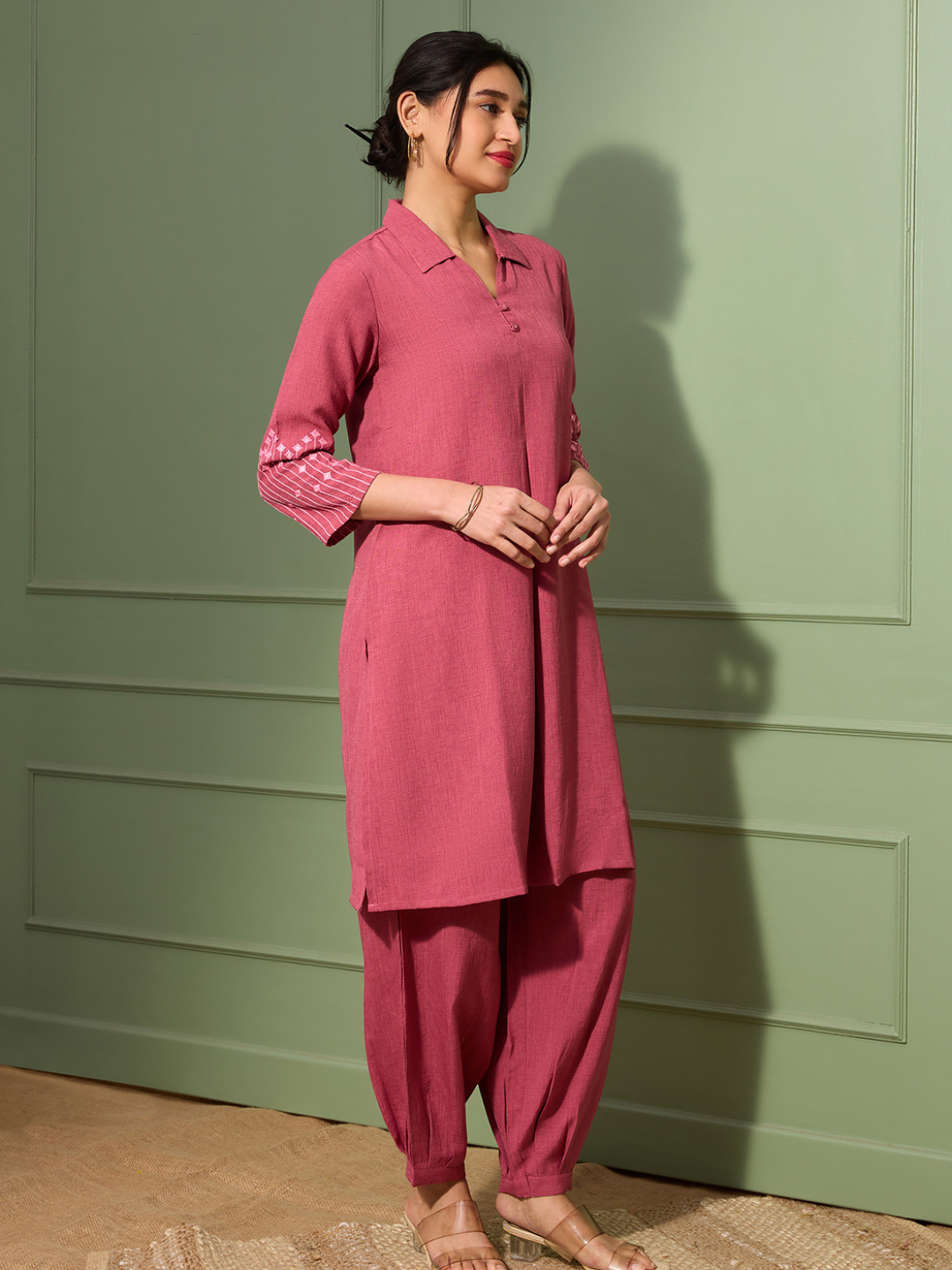 Blush Pink Embroidered Kurta Set with Pleated Pants for Women | Saffron Threads