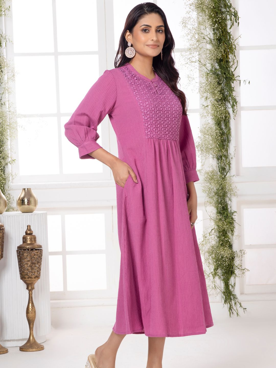 Passion Pink Cutwork Embroidered Crinkled Dress