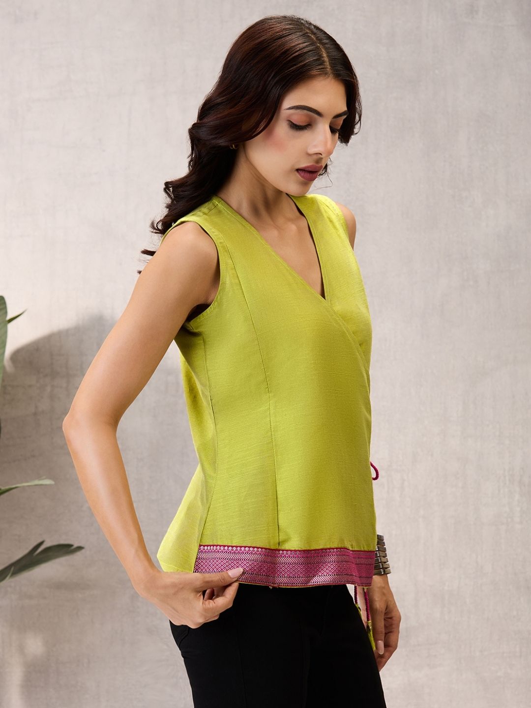 Pistachio Green Sleeveless Wrap Top with Geometric Border