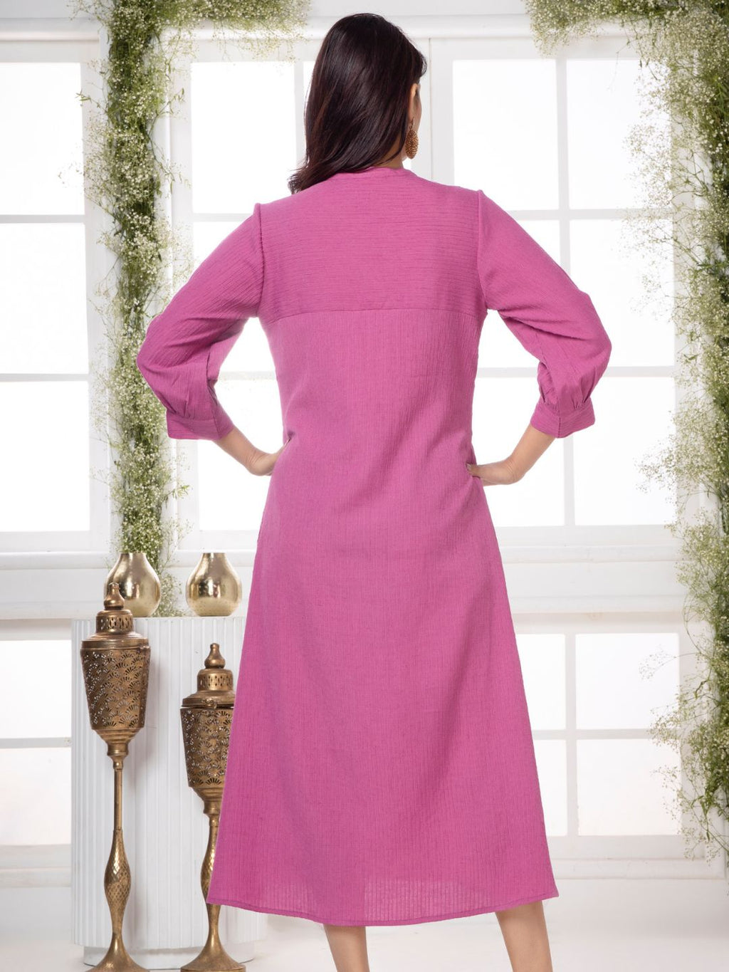 Passion Pink Cutwork Embroidered Crinkled Dress