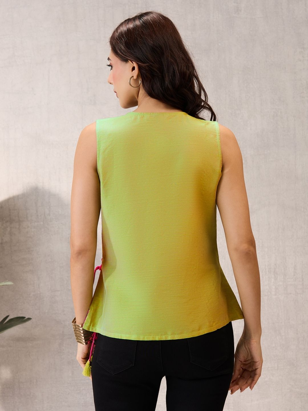 Pistachio Green Sleeveless Wrap Top with Geometric Border