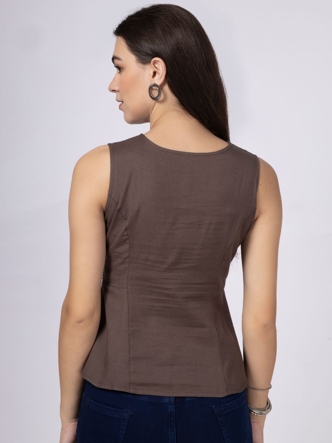 Brown Cotton Flax Panelled A-Line Top with Button-Down Placket