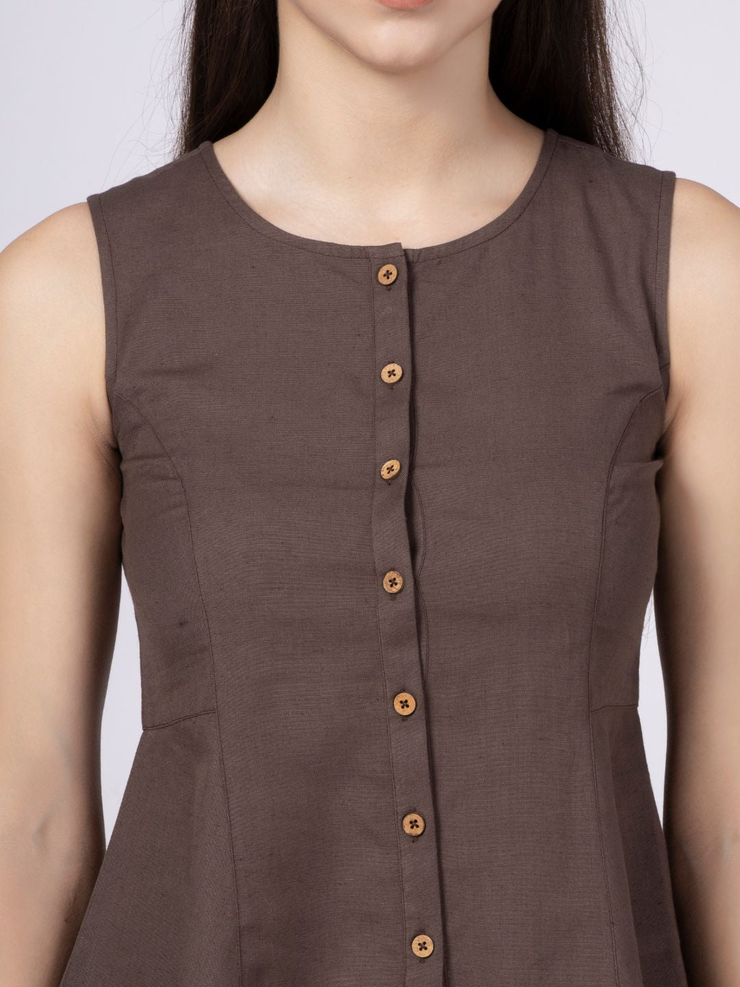 Brown Cotton Flax Panelled A-Line Top with Button-Down Placket