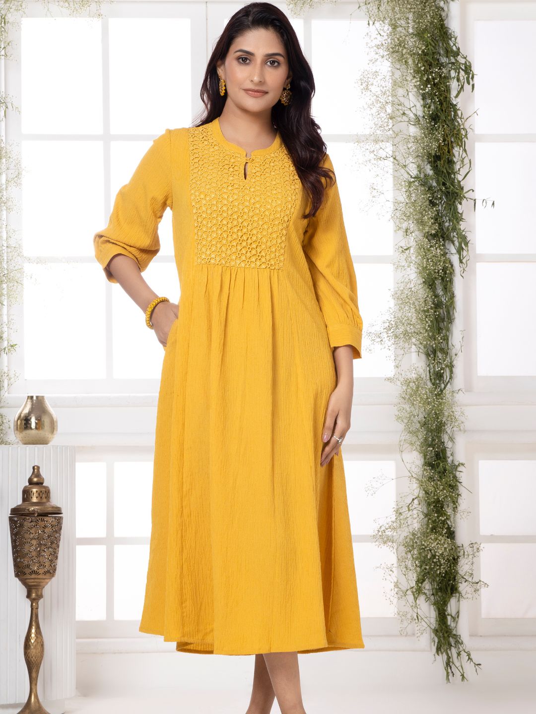 Bee Yellow Cutwork Embroidered Crinkled Dress