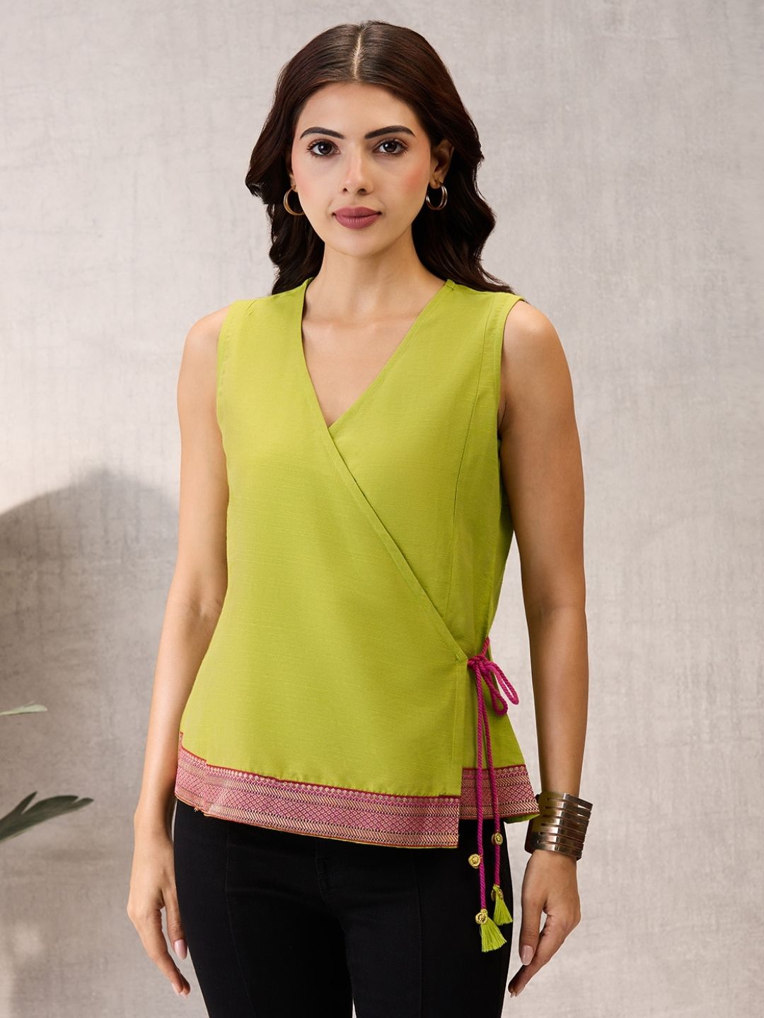 Pistachio Green Sleeveless Wrap Top with Geometric Border