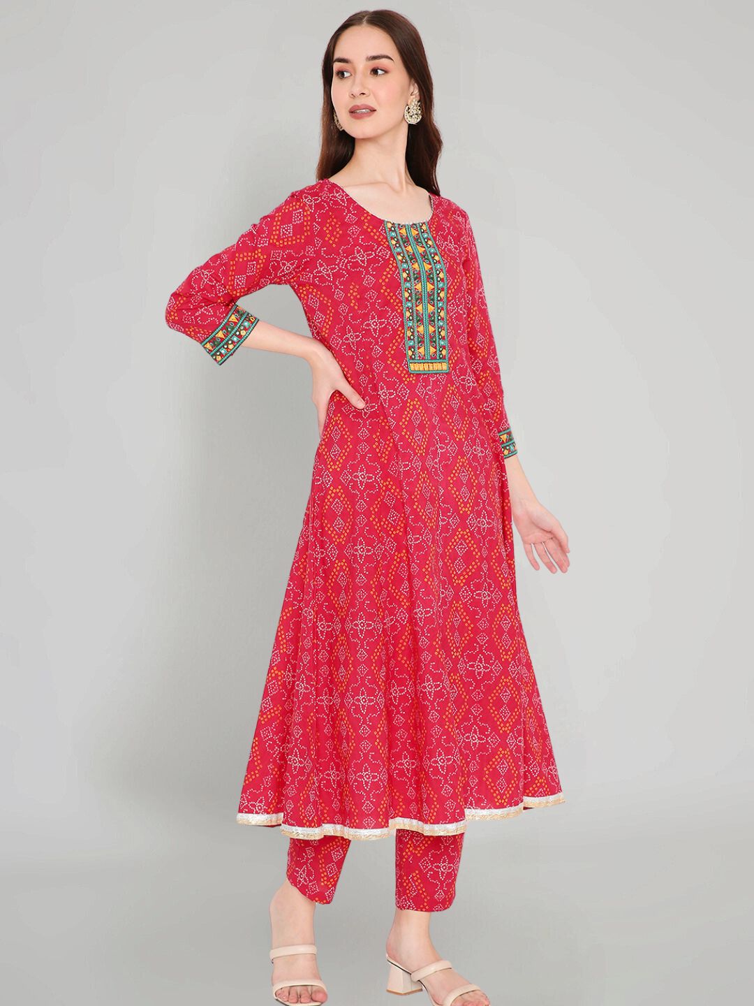 Pink Cotton Printed Kurta with Embroidered Neck and Lace Inserts