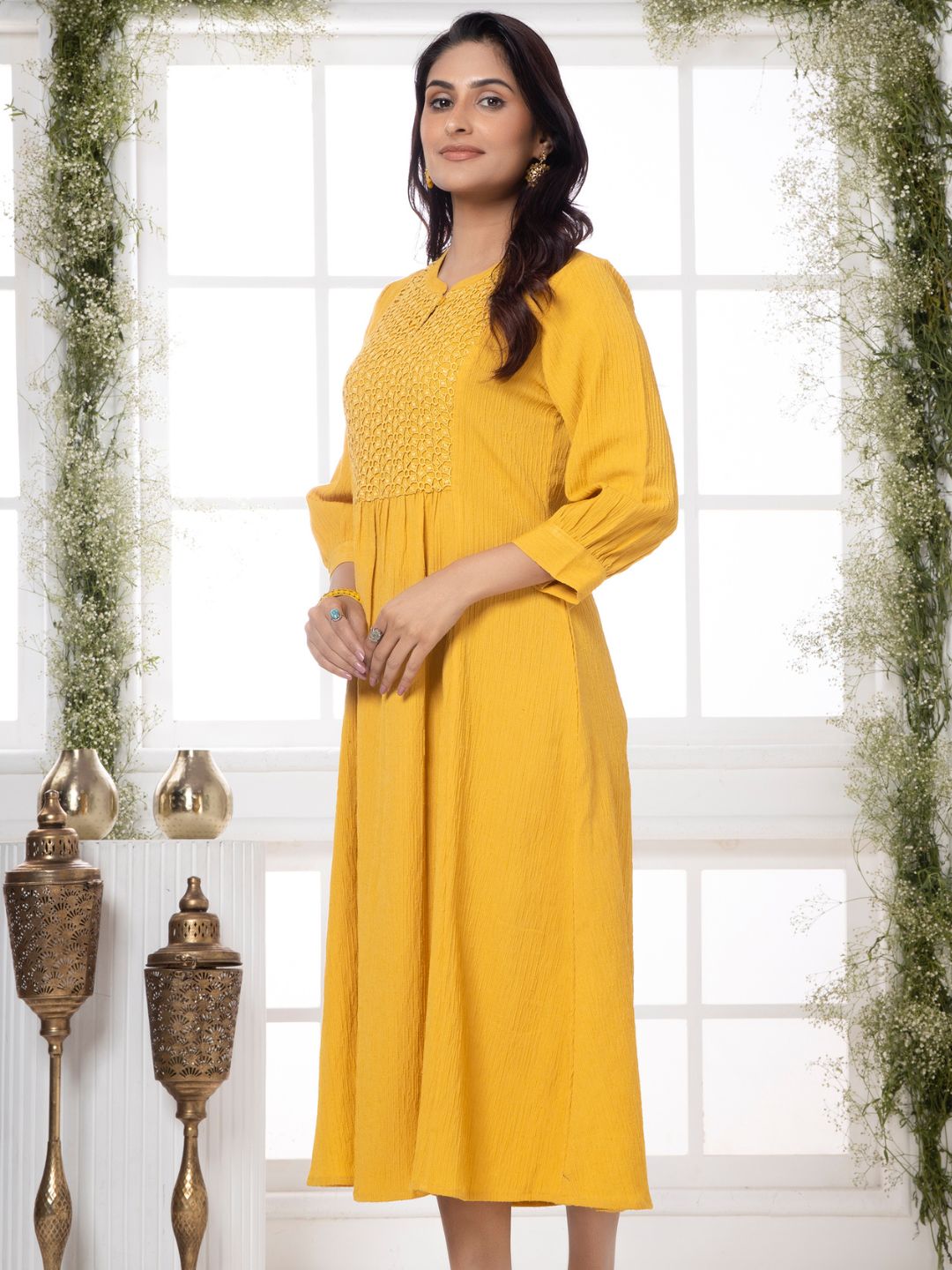 Bee Yellow Cutwork Embroidered Crinkled Dress