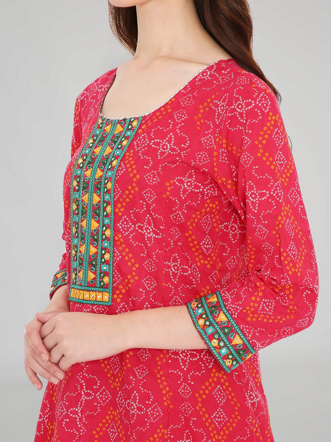 Pink Cotton Printed Kurta with Embroidered Neck and Lace Inserts