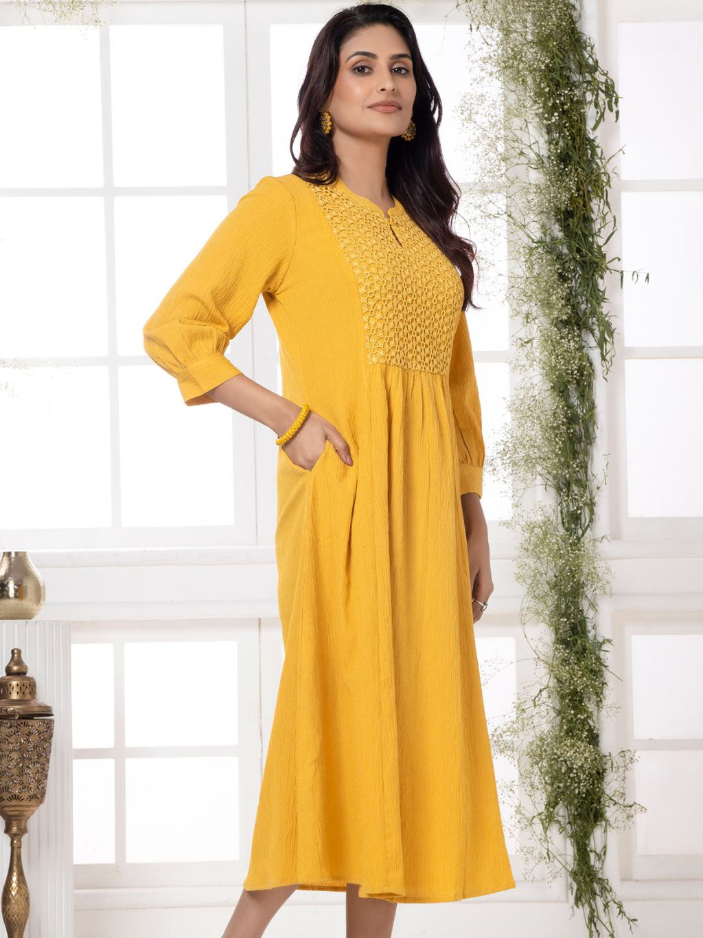 Bee Yellow Cutwork Embroidered Crinkled Dress