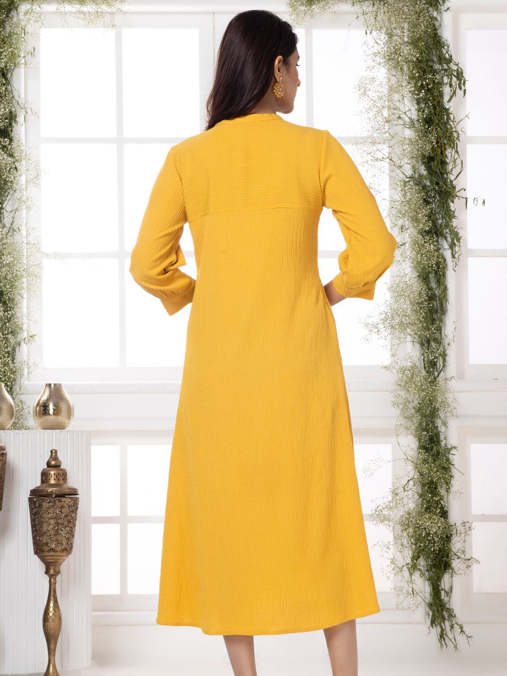 Bee Yellow Cutwork Embroidered Crinkled Dress