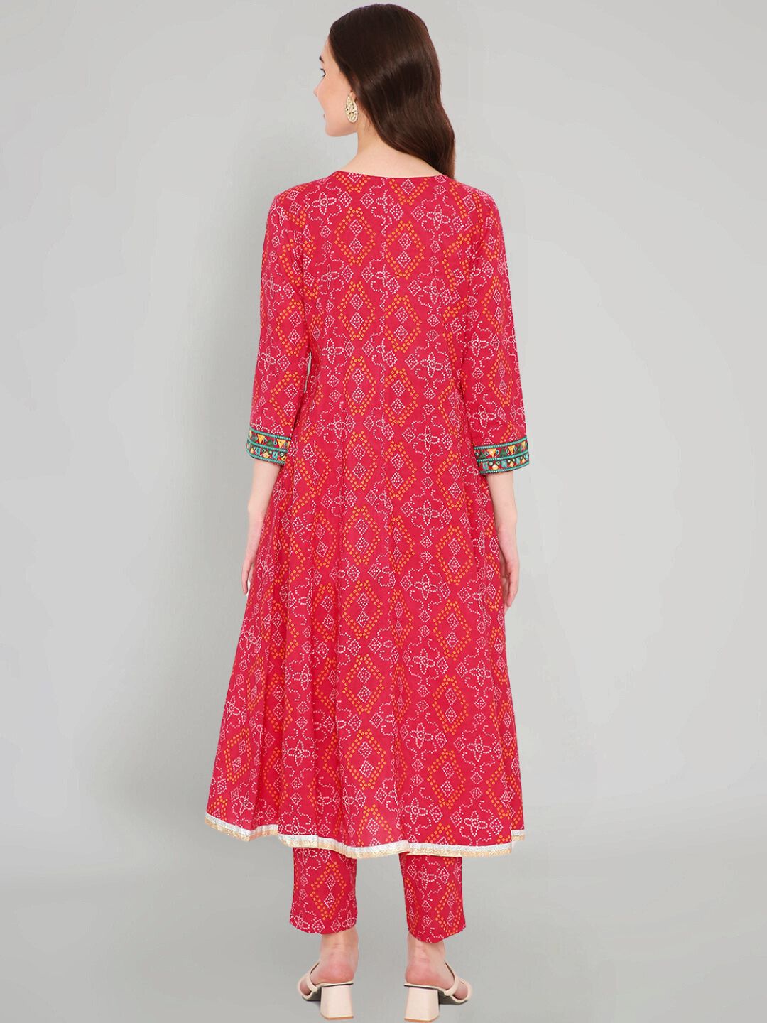 Pink Cotton Printed Kurta with Embroidered Neck and Lace Inserts