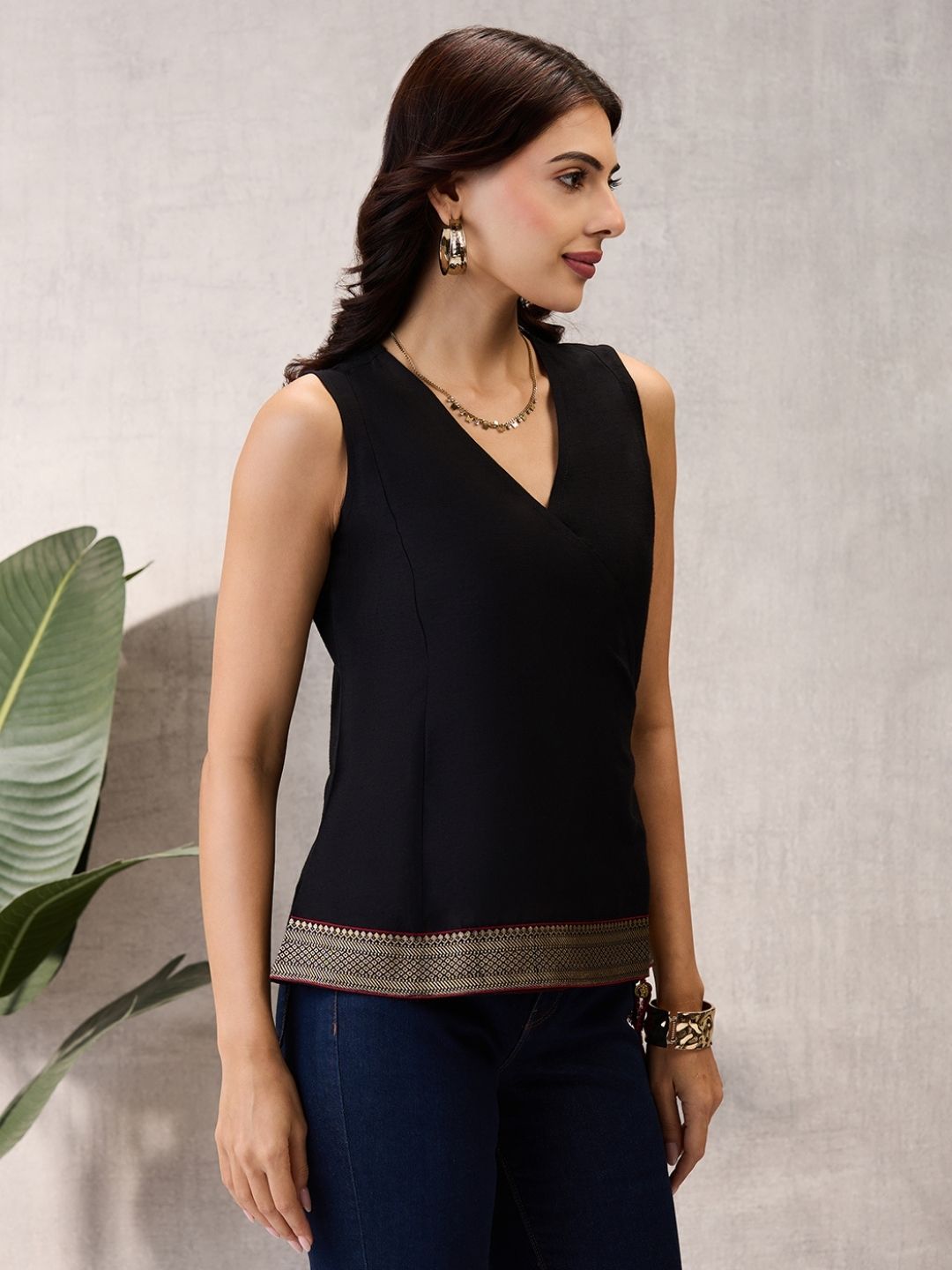 Black Sleeveless Wrap Top with Geometric Border