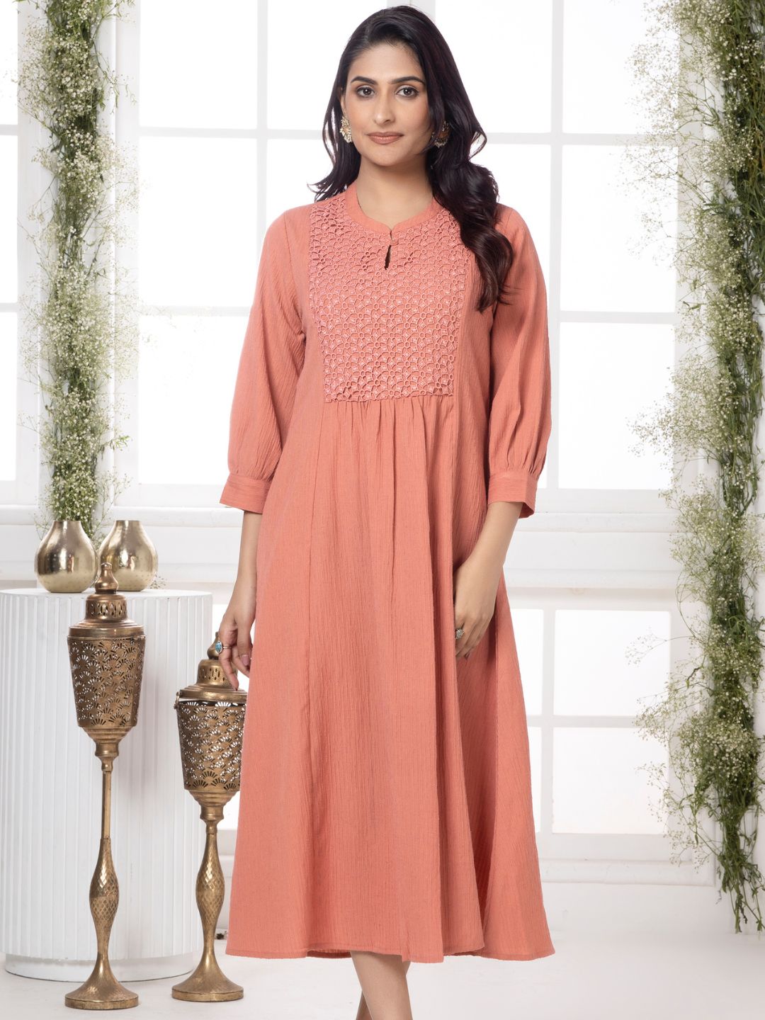 Vintage Coral Cutwork Embroidered Crinkled Dress