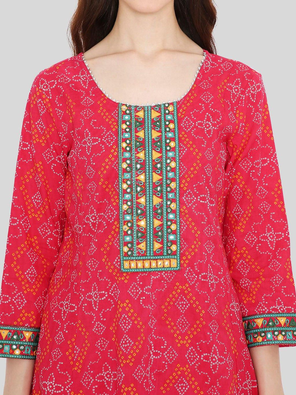 Pink Cotton Printed Kurta with Embroidered Neck and Lace Inserts