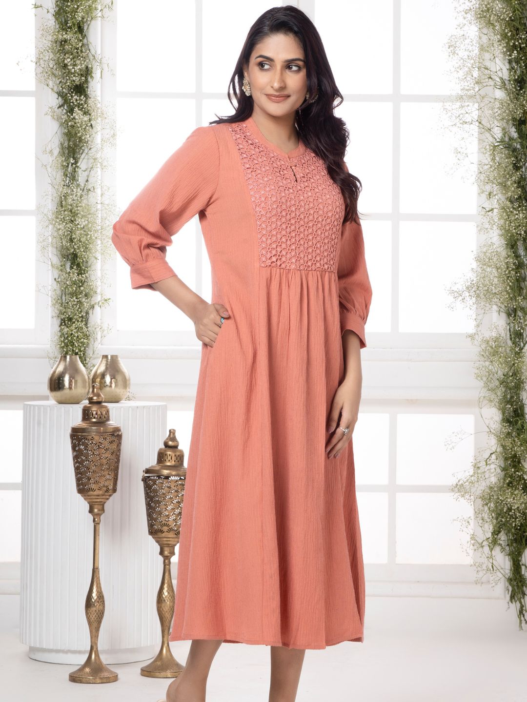 Vintage Coral Cutwork Embroidered Crinkled Dress